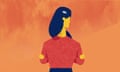 An illustration of a woman from behind on an orange background