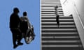 A composite image showing a person being pushed in a wheelchair and another showing a child going up a flight of stairs