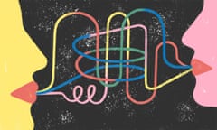Illustration of two faces with intertwined lines coming out of their mouths.