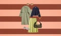 A composite image, on a striped, pink and burgundy background, of a women’s green trench coat, navy blue polo shirt, sunglasses, shoes, skirt, earrings and handbag