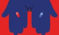 illustration of red and blue pill in blue in palms of big hands