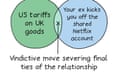 A Venn diagram showing: US tariffs on UK goods/Your ex kicks you off the shared Netflix account, with the caption, Vindictive move severing final ties of relationship