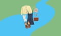 A collage of different clothing items laid against a cartoon backdrop of a winding river.