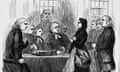 wood carving of anne hutchinson on trial, 1637