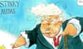 Beneath a caption that reads ‘Stinky Midas’, Donald Trump reaches out to touch a pile of gold labelled ‘Global Economy’. Behind him are piles of steaming manure labelled ‘National Security’, ‘Nato’, ‘Foreign Policy’, ‘Welfare’ and ‘Education’ respectively. Buzzing round Trump’s head is Nigel Farage as a fly with a napkin labelled ‘Reform UK’ around his neck and grasping a spoon. Farage is saying “Delicious!”