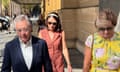 Peter and Amanda Hoskins, and their daughter Jessica Locke depart court after delivering their victim impact statements, the South Australian District Court, in Adelaide, Monday, April 14, 2025. Rohan Dennis is charged over the crash that killed his wife, Melissa Hoskins. (AAP Image/Abe Maddison) NO ARCHIVING