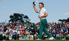 Bernhard Langer leaves the 18th hole on his final competitive appearance at the Masters.