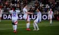 Amel Majri (centre right) celebrates after scoring for Lyon against Fleury 91 last month