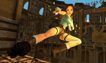 Lara Croft leaping with guns raised