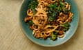Ravinder Bhogal's spicy sesame purple sprouting broccoli and sausage noodles