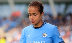 Mary Fowler leaves the pitch injured during Manchester City’s FA Cup defeat by Manchester United