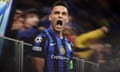 Lautaro Martínez celebrates scoring against Bayern Munich.