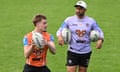 Lachlan Galvin and coach Benji Marshall during Wests Tigers NRL training at Concord Oval