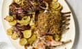 Max Rocha's herb-crusted lamb rack with baked potatoes, radicchio and green sauce.