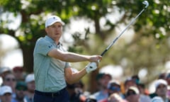 Jordan Spieth plays his shot from the 4th tee during the third round of the 2025 Masters at Augusta.