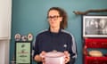 Dale Berning Sawa with casserole dishes from M&S (grey), Aldi (pink) and Le Creuset (cream).