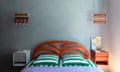 A clever use of lines in the bedroom, from the lights aligned with the bedding, to the curves of the headboard.