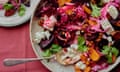 Rukmini Iyer's spiced roast sweet potato and beetroot with chickpeas and feta.