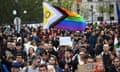 Protesters with a gay rights flag in Budapest