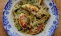 Thomasina Miers’ ricotta dumplings with braised peas and
rhubarb.