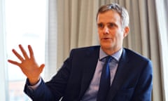 BP’s chair, Helge Lund, speaks during an interview in London, wearing a dark navy blue suit and matching tie