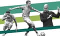 A collage of two Manchester City football players and their coach, Pep Guardiola