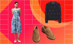 A composite image of a woman in a blue dress; a black sweater with cherries on and a pair of brown suede loafers on a red and orange background