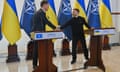 Nato secretary General Mark Rutte, left, and Ukraine's President Volodymyr Zelenskyy shake hands before their joint press conference in Odesa