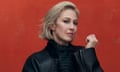 Carrie Coon wearing a leather jacket