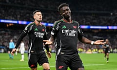 Bukayo Saka after scoring for Arsenal against Real Madrid.