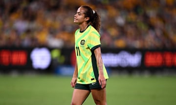 Matildas forward Mary Fowler reacts after missing a shot