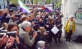 The media gather outside the supreme court in London as the ruling was announced, 16 April 2025.