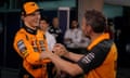 McLaren driver Oscar Piastri celebrates with team principal Andrea Stella after winning the Bahrain Grand Prix.