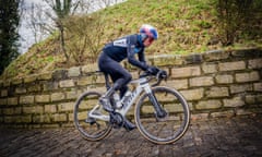 Tom Pidcock competes a track reconnaissance session for the Omloop Het Nieuwsblad
