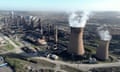 An aerial view of the British Steel plant, with large cooling towers in the foreground