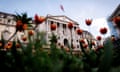 The Bank of England with tulips in the City of London financial district